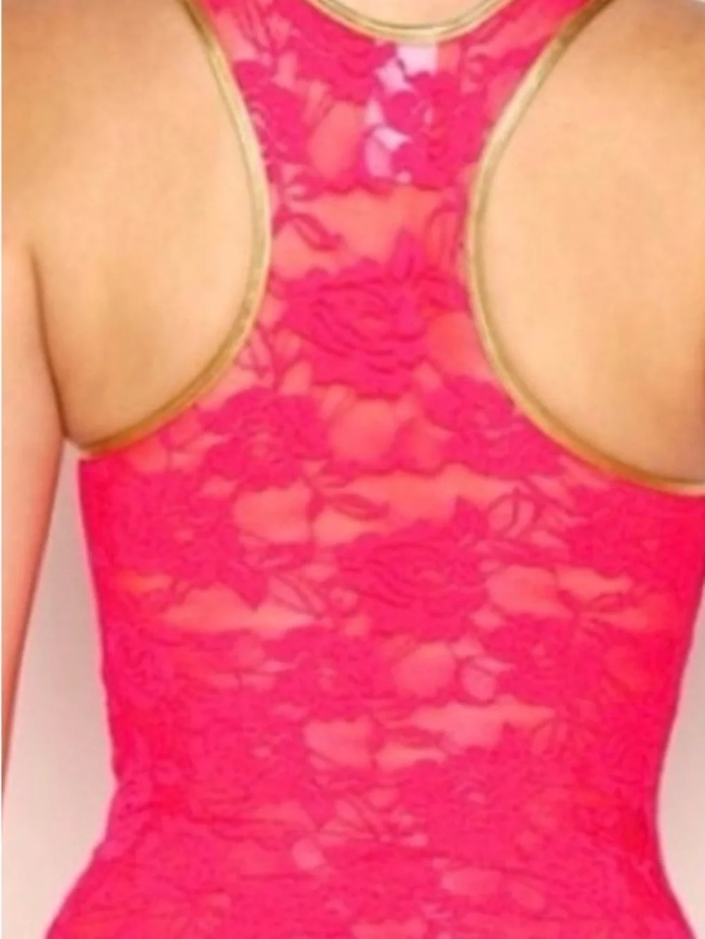 Vibrant Pink Lace Racerback Tank Top Stretchy Seamless Cami - Picture 3 of 3